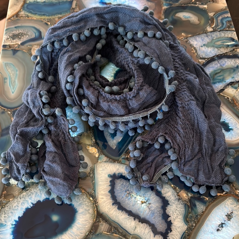 Blue Textured Pom-Pom Scarf